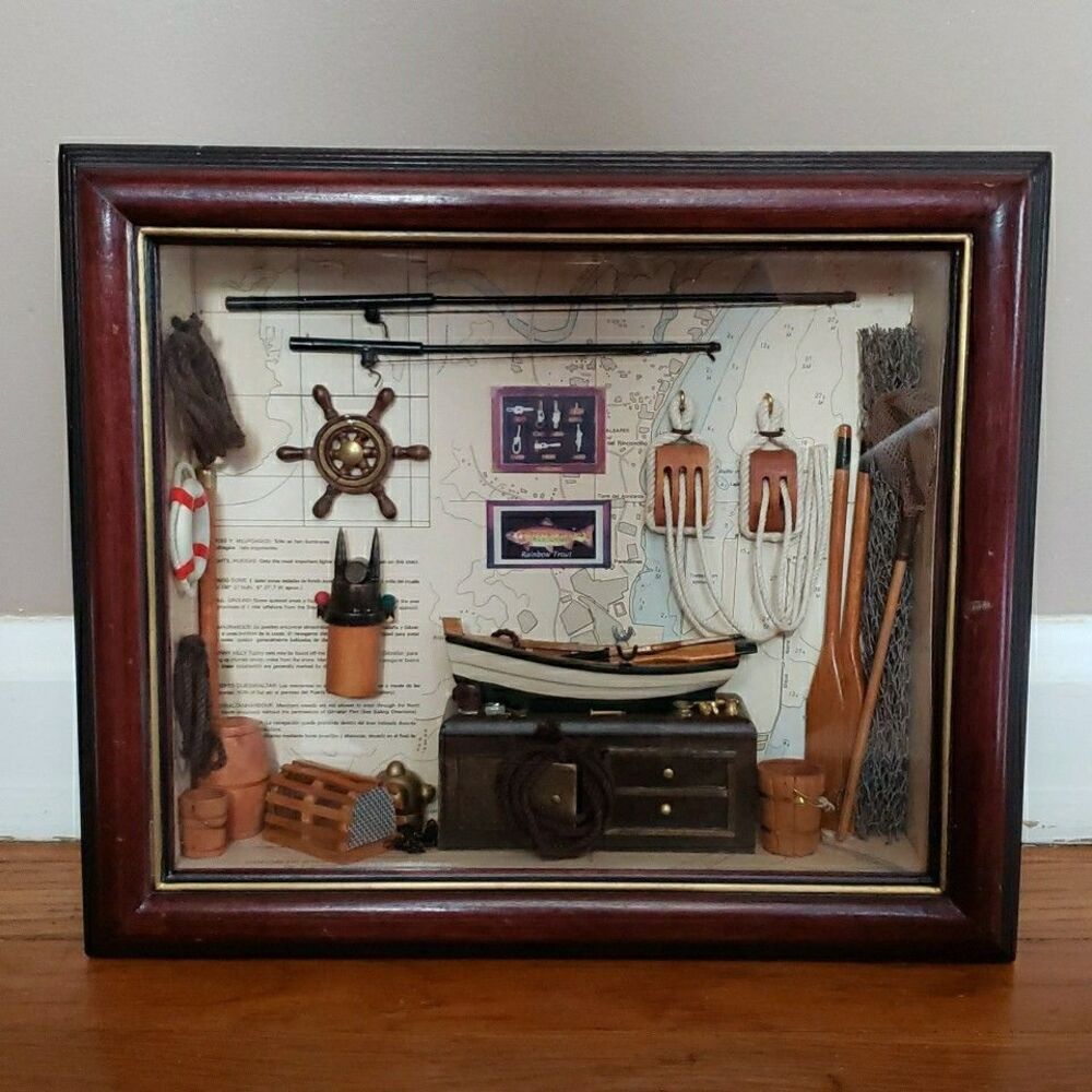 Nautical Shadow Box Row Boat Fly Fishing Ship Wheel Wall Art Sailing Wood Frame